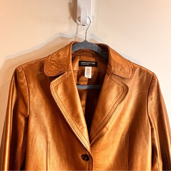 Jones New York SZ M Copper Tan Leather Metallic Sheen Lined Jacket with Pockets - Picture 3 of 9